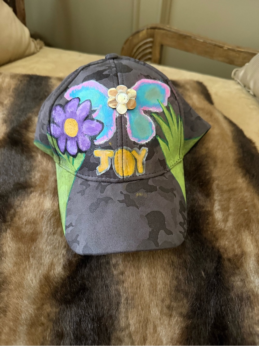 Art by Luke, OOAK Gray Floral 'JOY' Cap with Purple & Teal Accents
